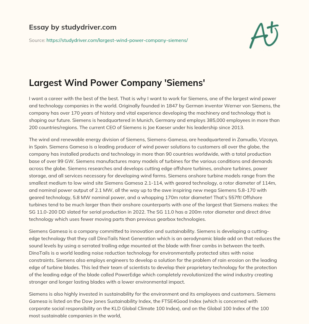 Largest Wind Power Company ‘Siemens’ essay