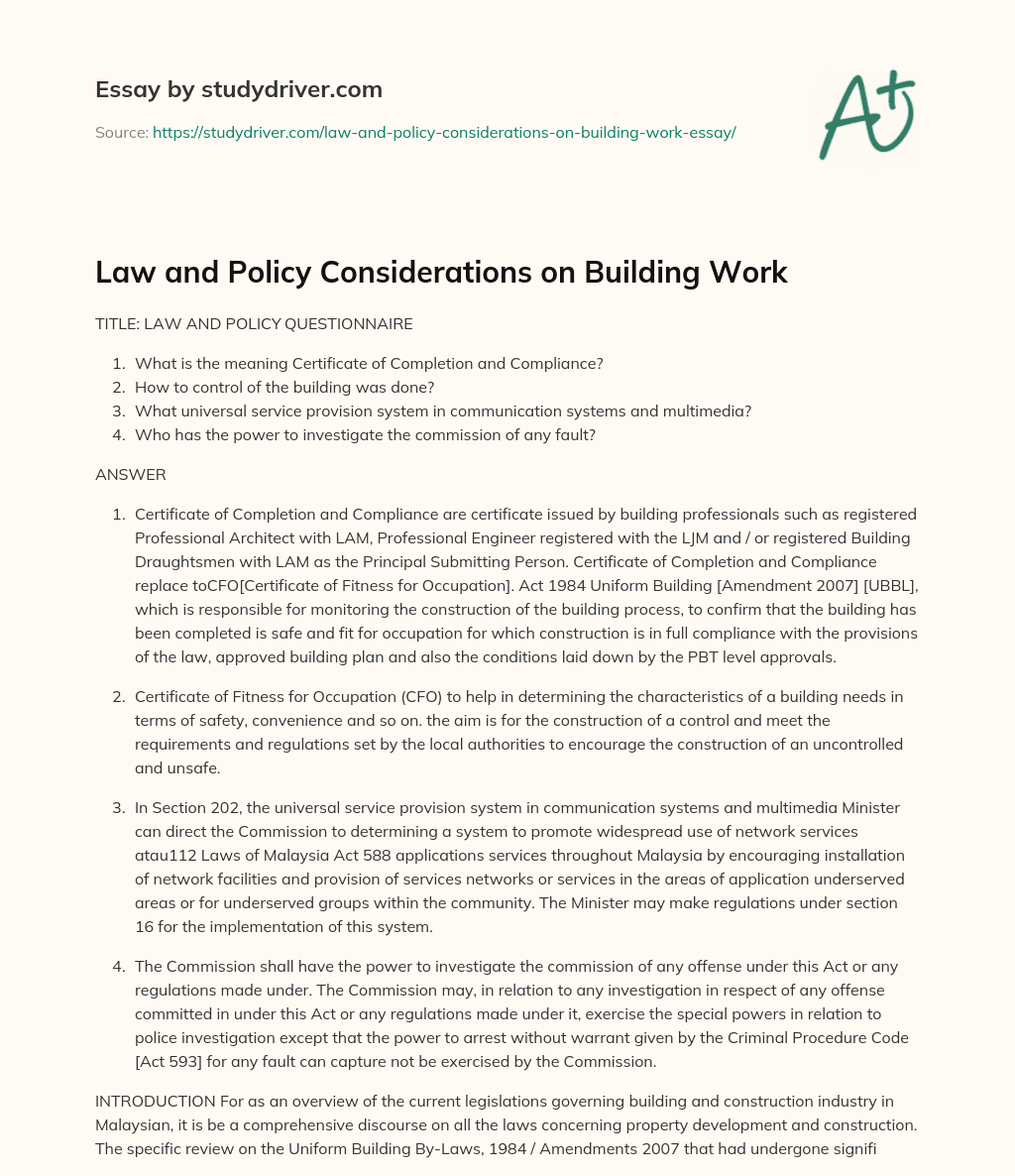 Law and Policy Considerations on Building Work essay