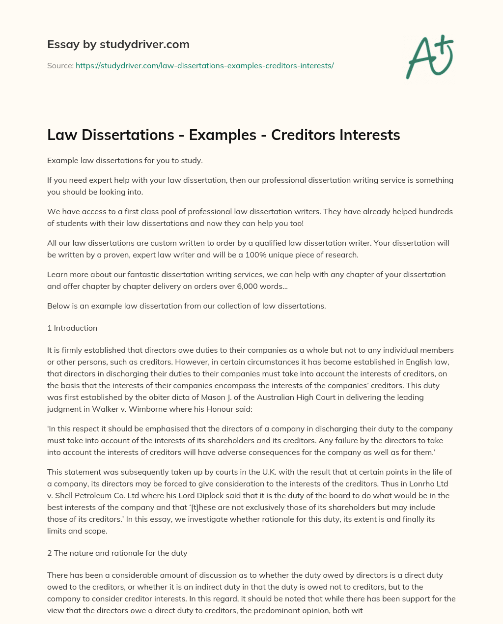 Law Dissertations – Examples – Creditors Interests essay