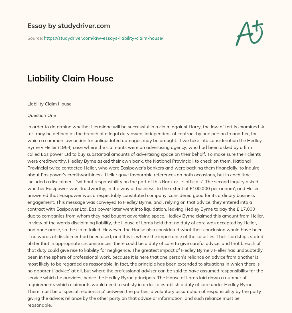 Liability Claim House essay