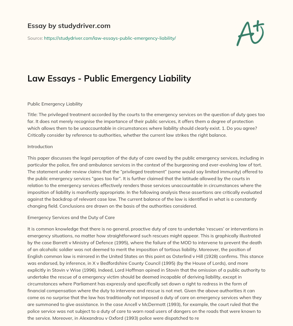 Law Essays – Public Emergency Liability essay