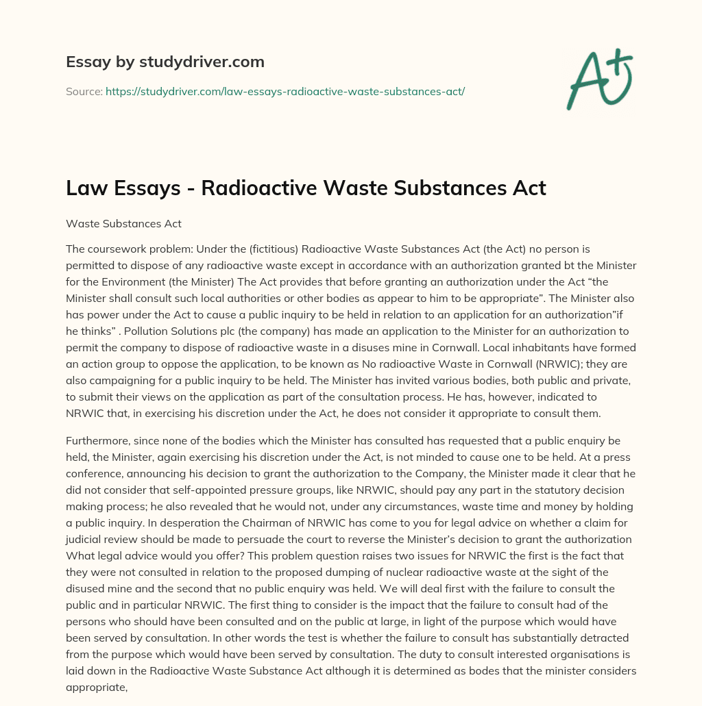 Law Essays – Radioactive Waste Substances Act essay
