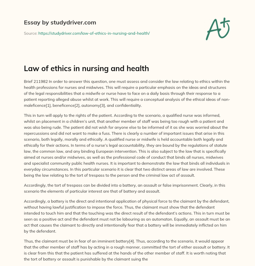 Law of Ethics in Nursing and Health essay