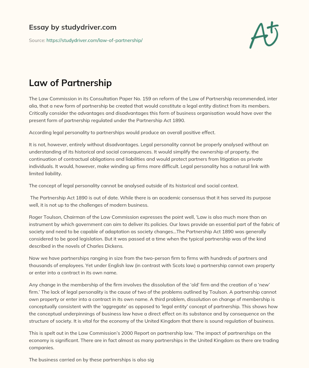 Law of Partnership essay