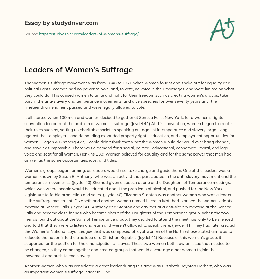 Leaders of Women’s Suffrage essay