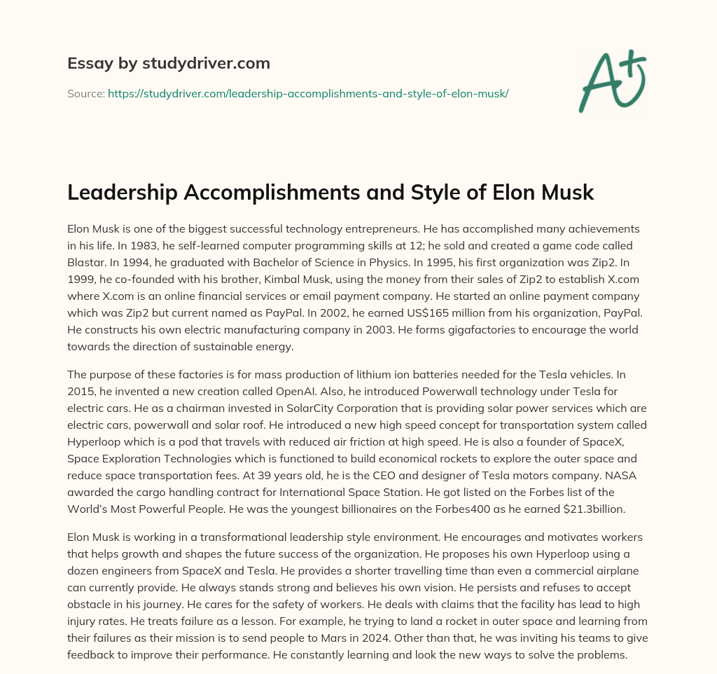 Leadership Accomplishments and Style of Elon Musk essay