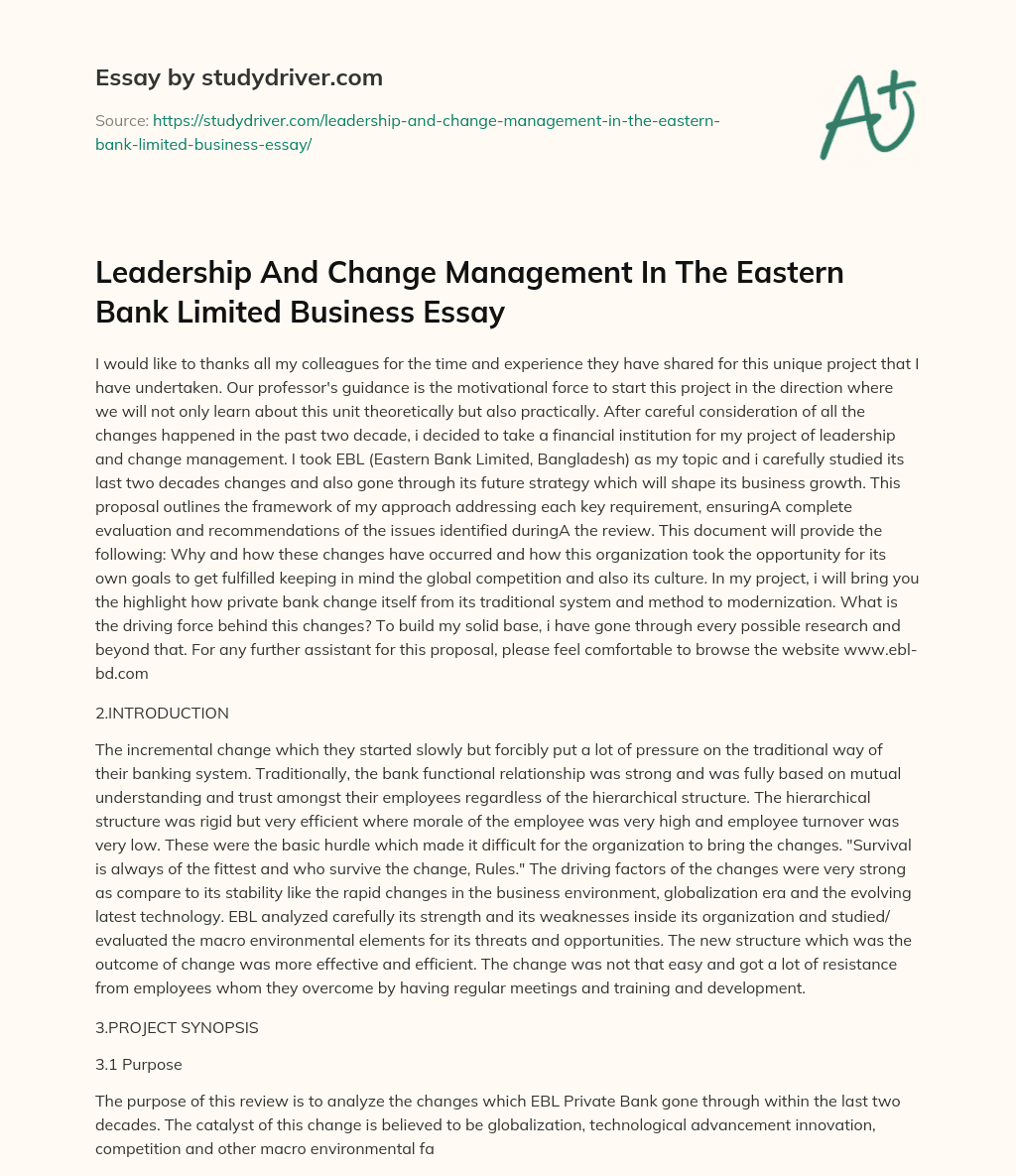 Leadership and Change Management in the Eastern Bank Limited Business Essay essay