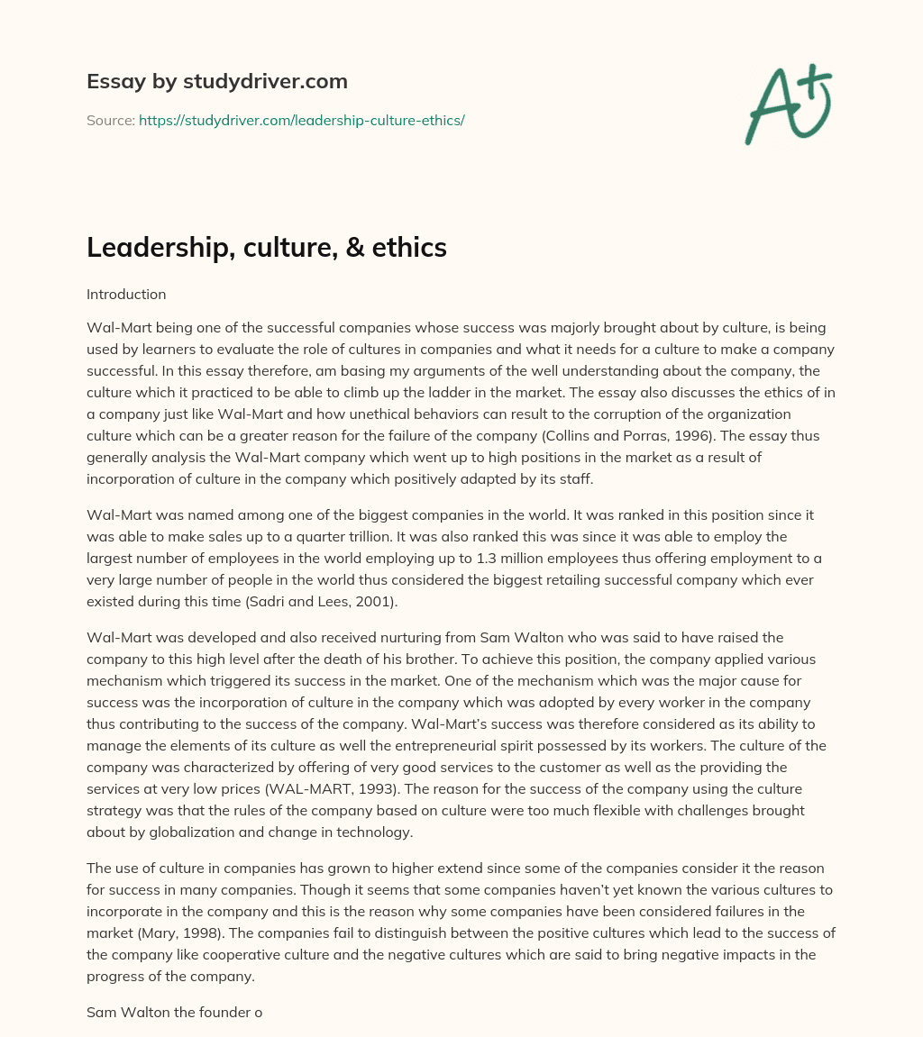Leadership, Culture, & Ethics essay