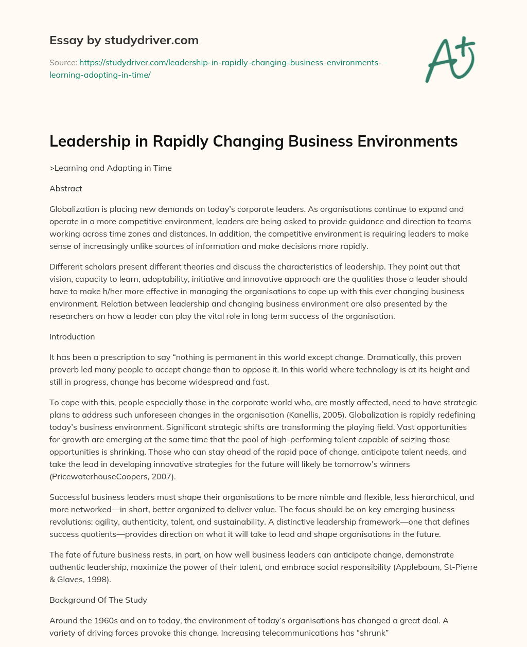 Leadership in Rapidly Changing Business Environments essay