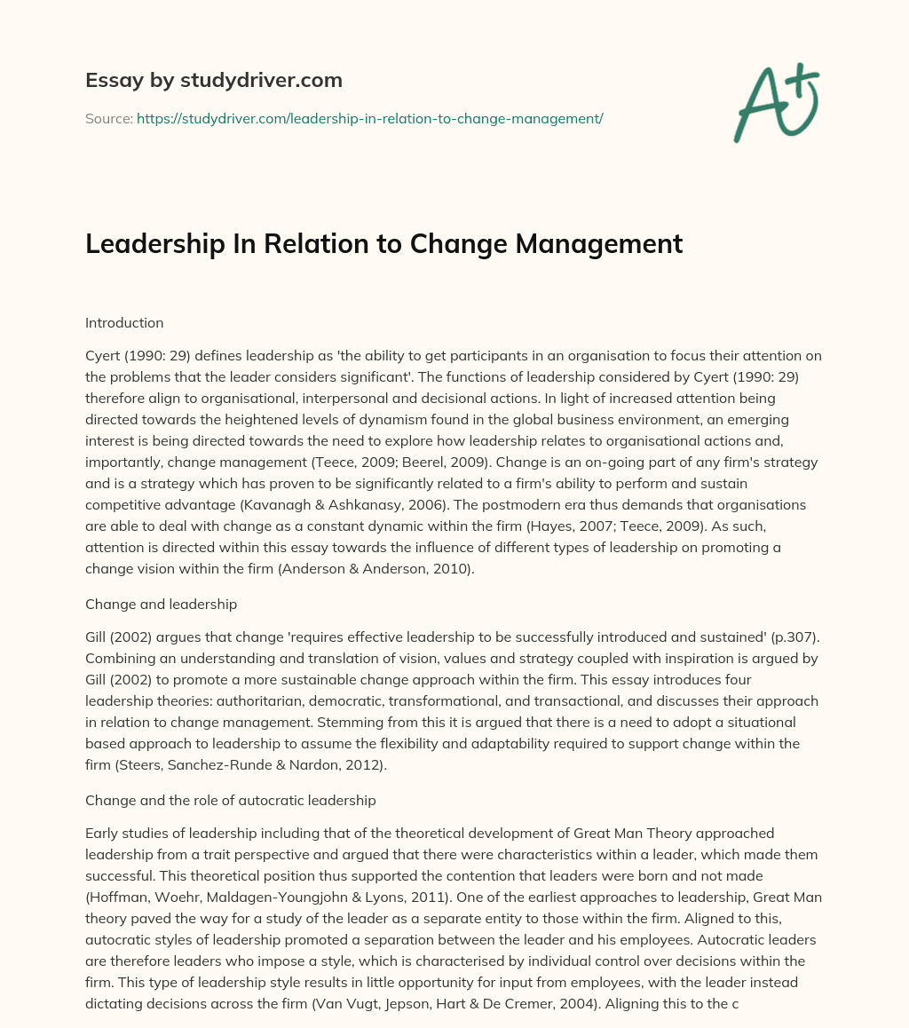Leadership in Relation to Change Management essay