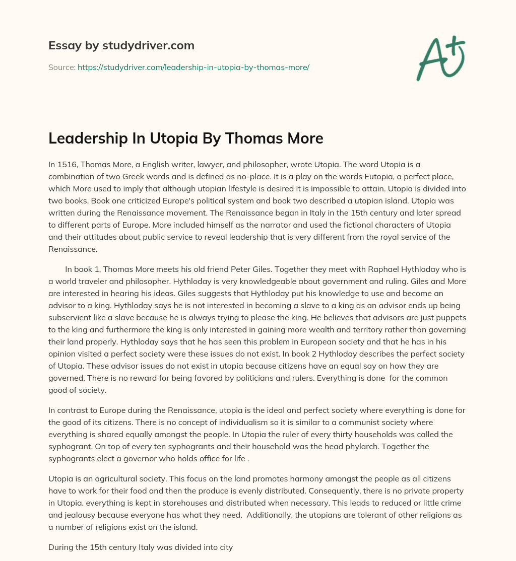 Leadership in Utopia by Thomas more essay