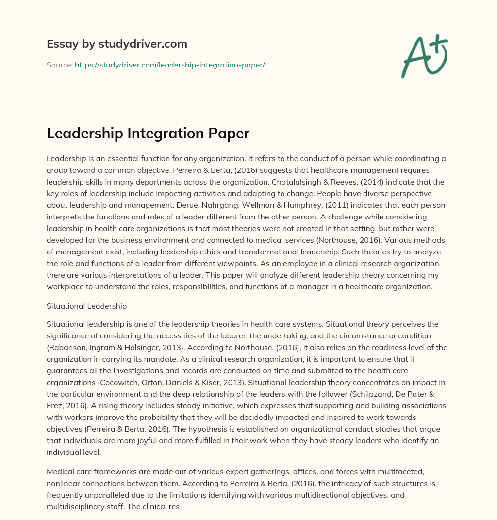 Leadership Integration Paper essay
