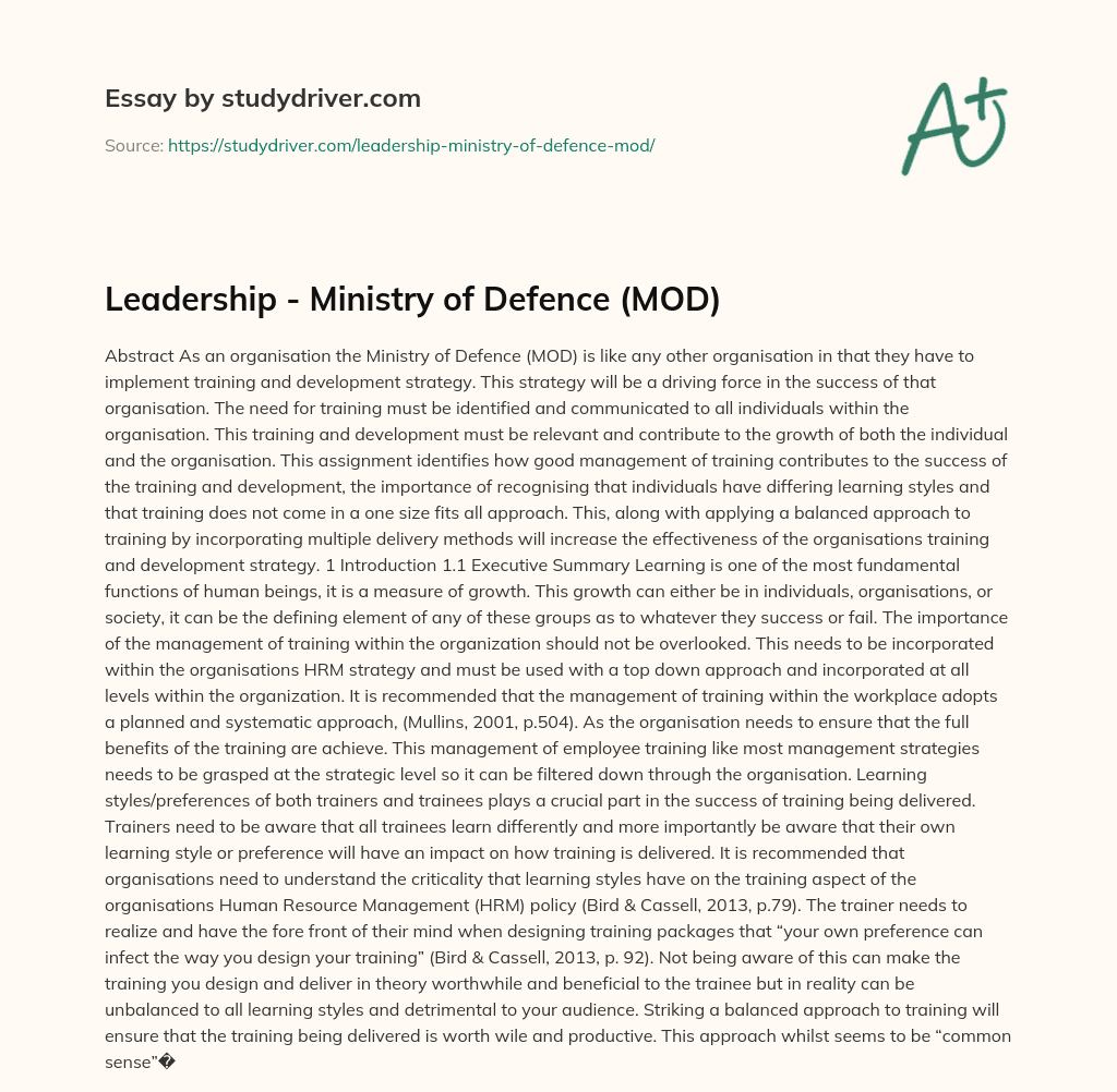 Leadership – Ministry of Defence (MOD) essay