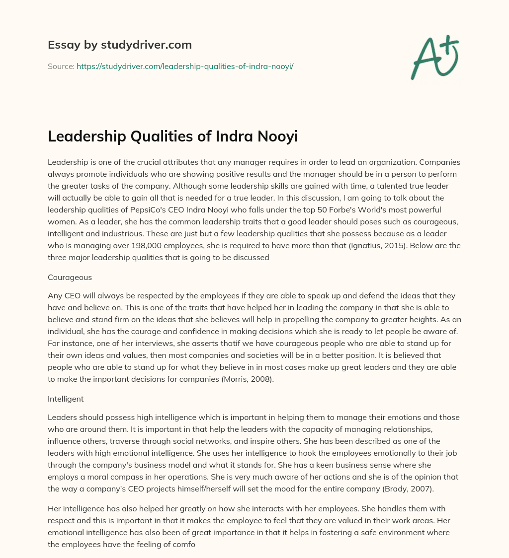 Leadership Qualities of Indra Nooyi essay