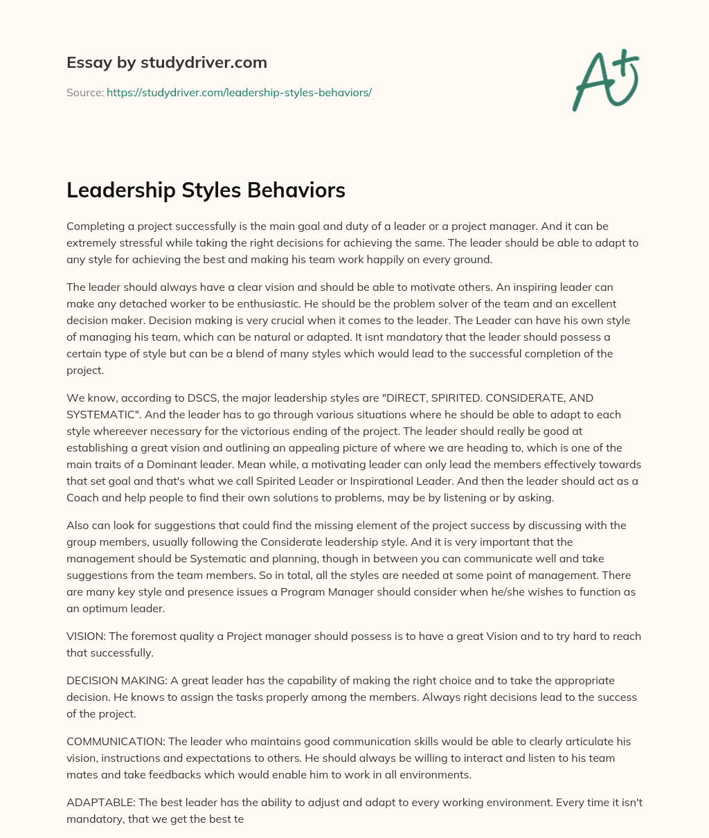 Leadership Styles Behaviors essay