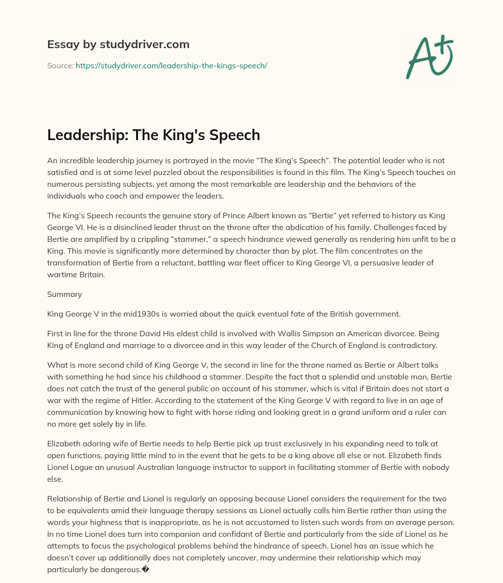 Leadership: the King’s Speech essay