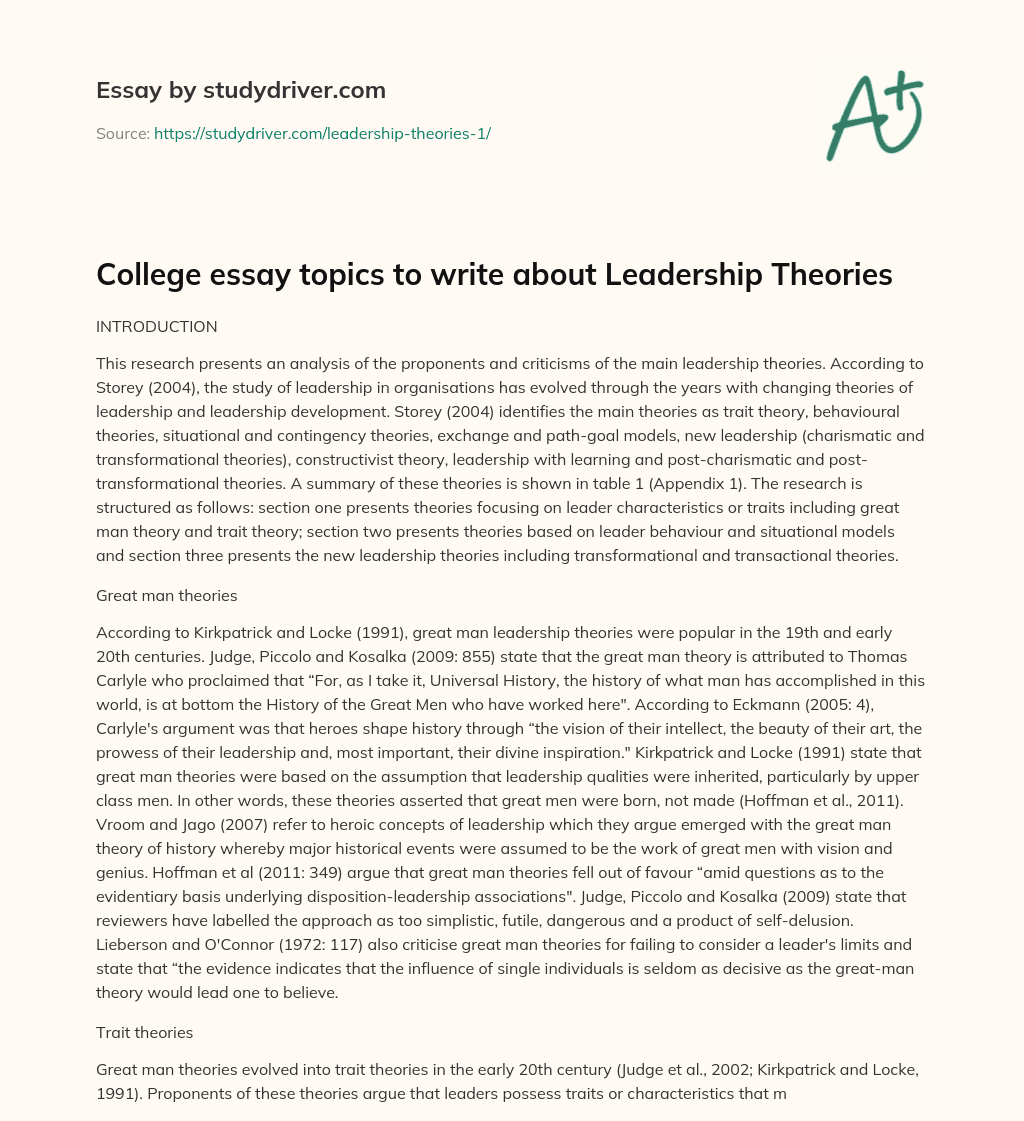 College Essay Topics to Write about Leadership Theories essay