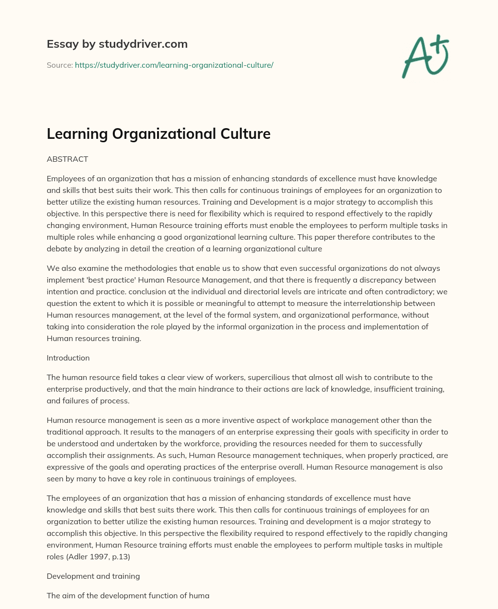 Learning Organizational Culture essay