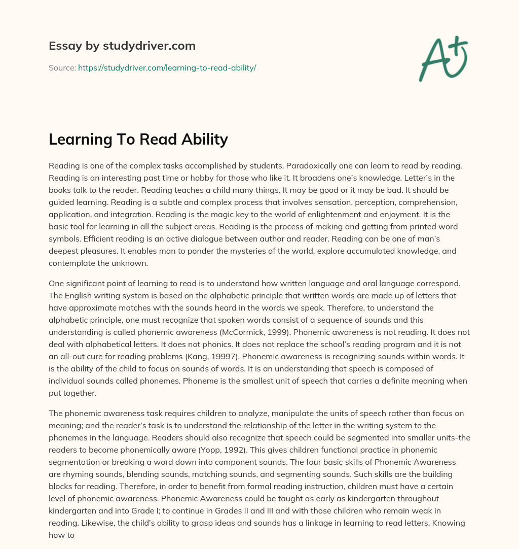 Learning to Read Ability essay