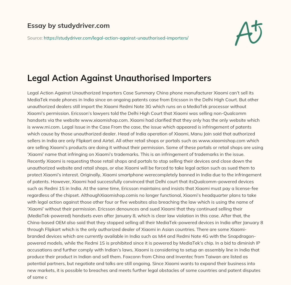 Legal Action against Unauthorised Importers essay