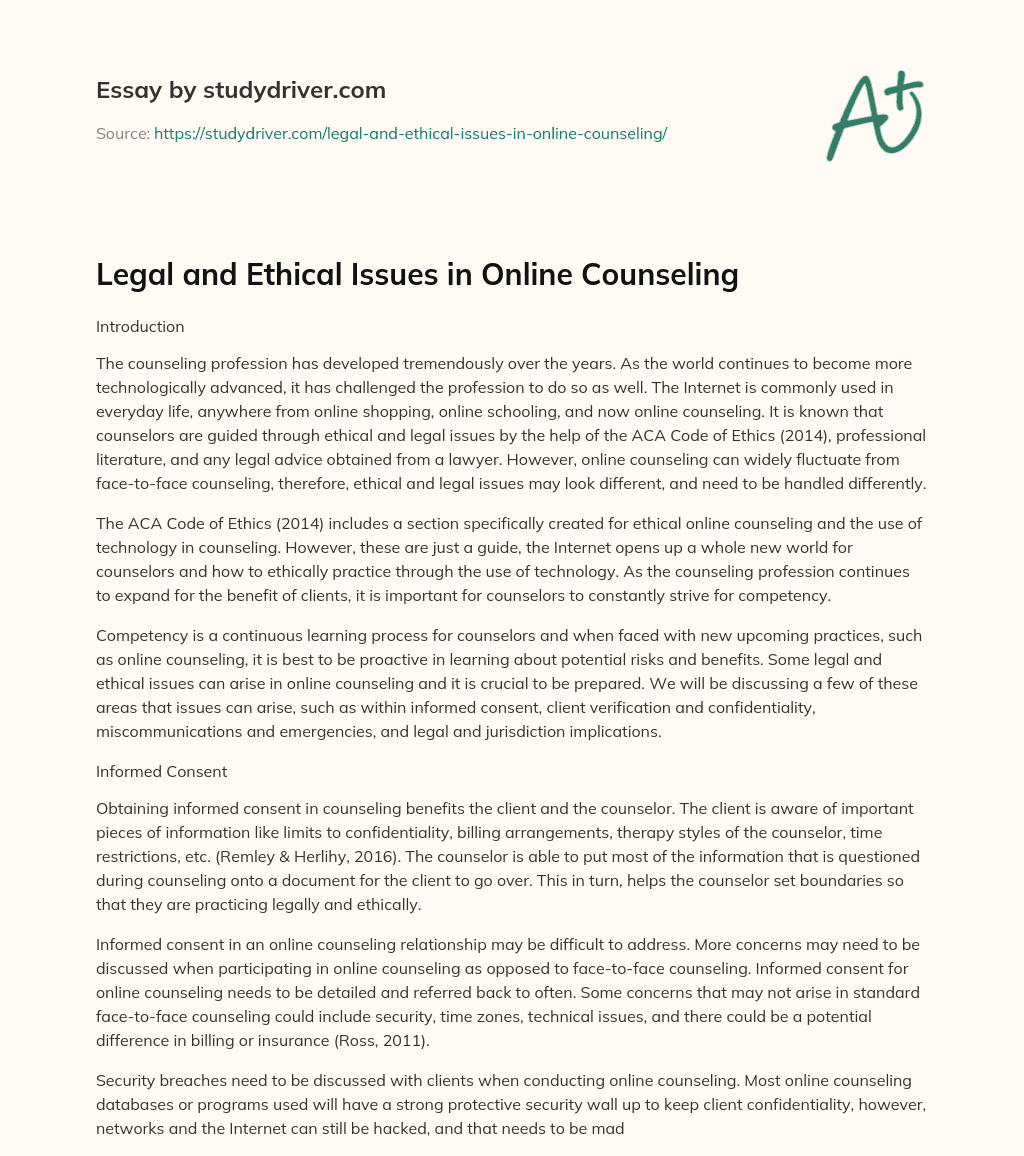 Legal and Ethical Issues in Online Counseling essay