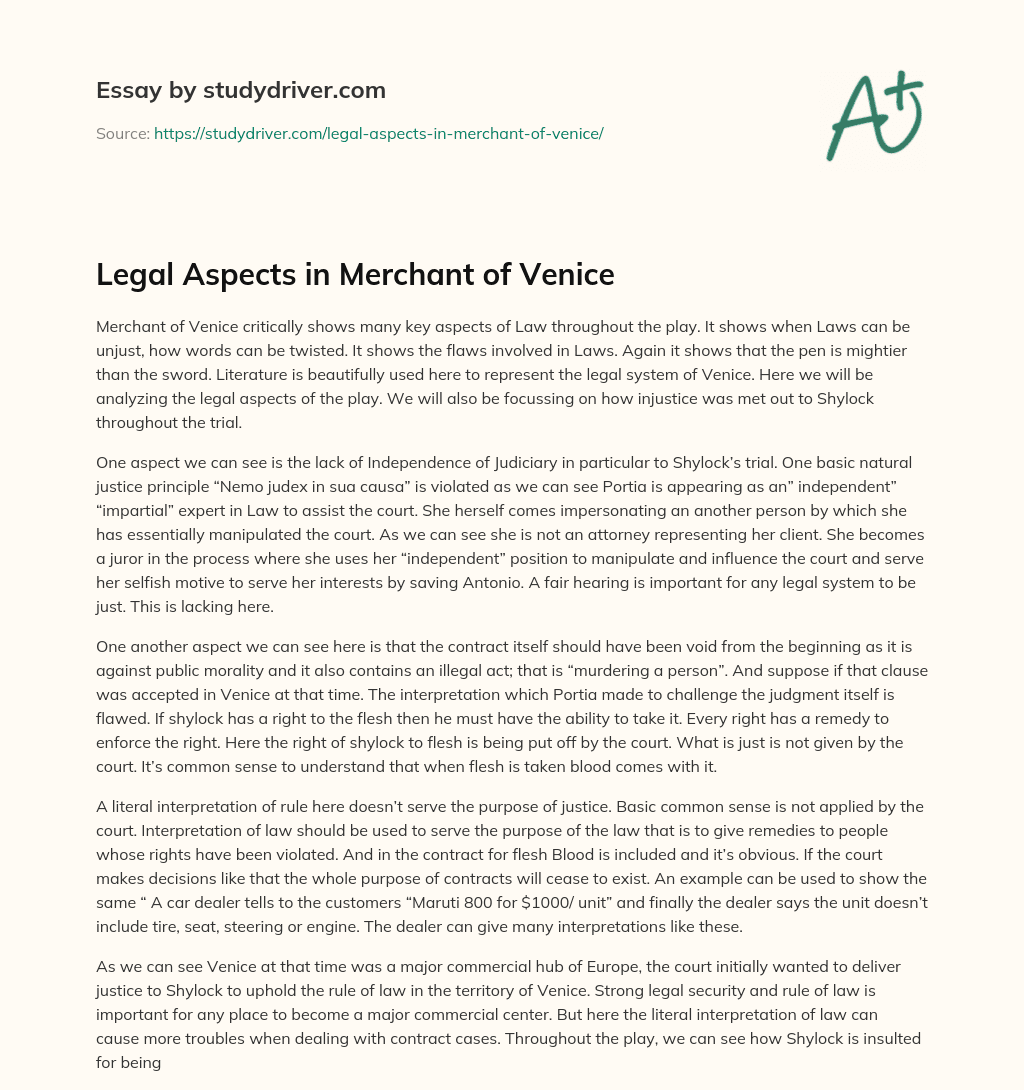Legal Aspects in Merchant of Venice essay