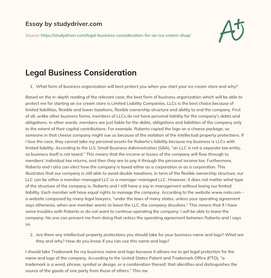 Legal Business Consideration essay