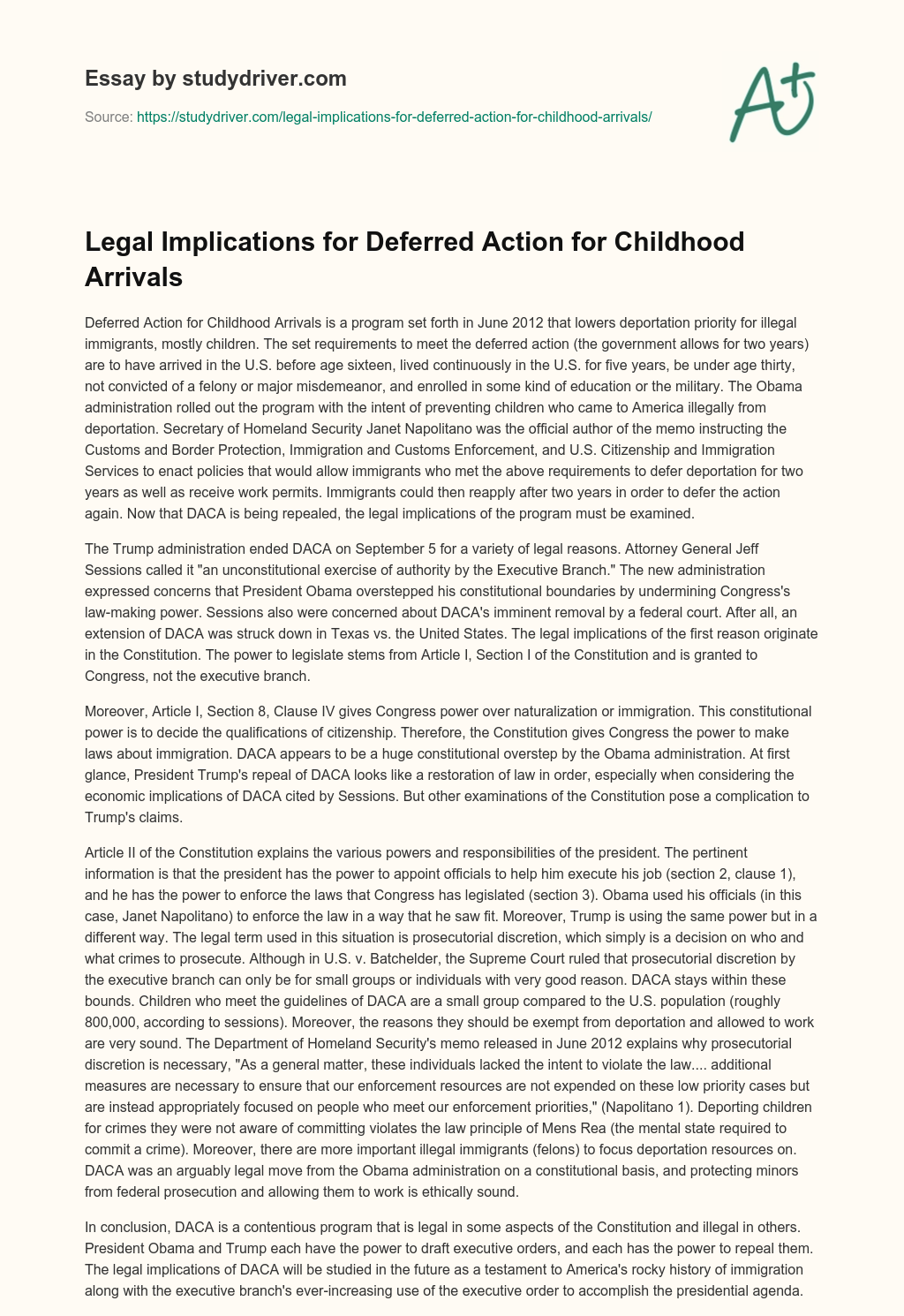 Legal Implications for Deferred Action for Childhood Arrivals essay