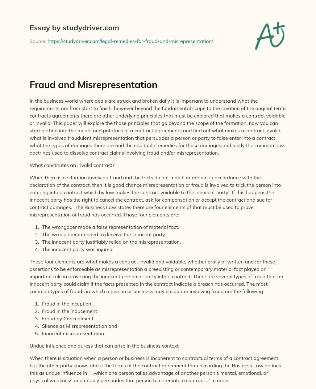 Fraud and Misrepresentation essay