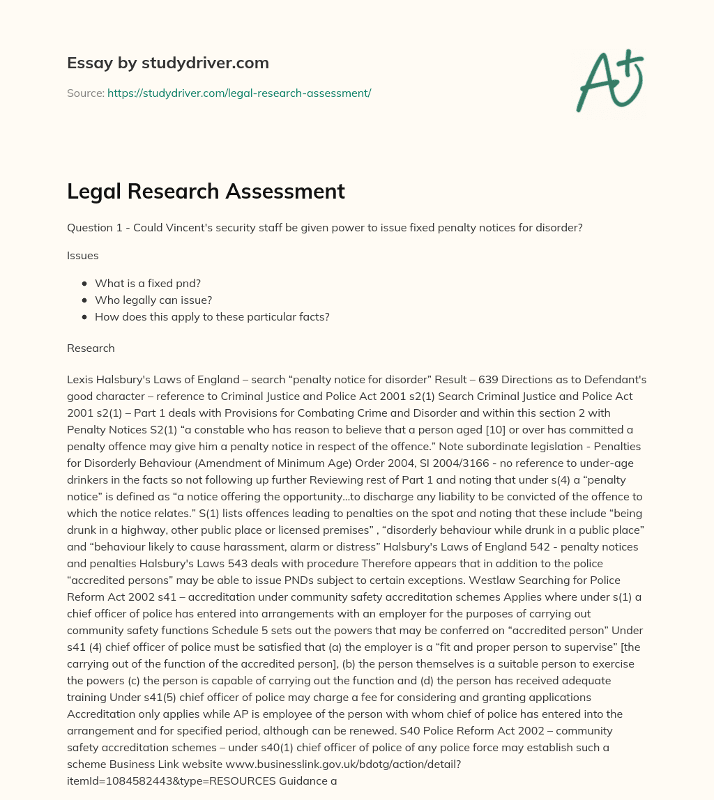 Legal Research Assessment essay
