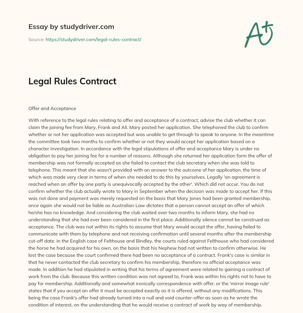 Legal Rules Contract essay