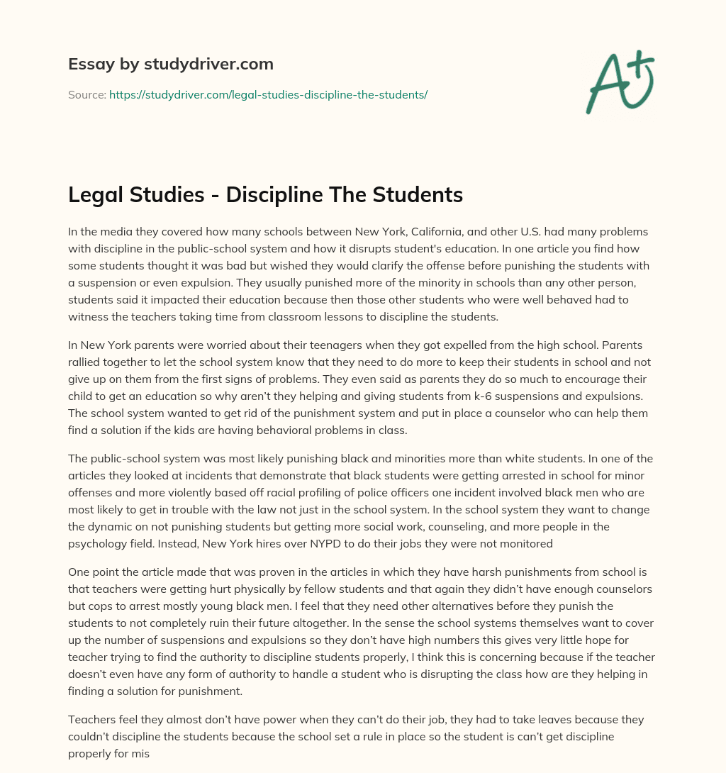 Legal Studies – Discipline the Students essay
