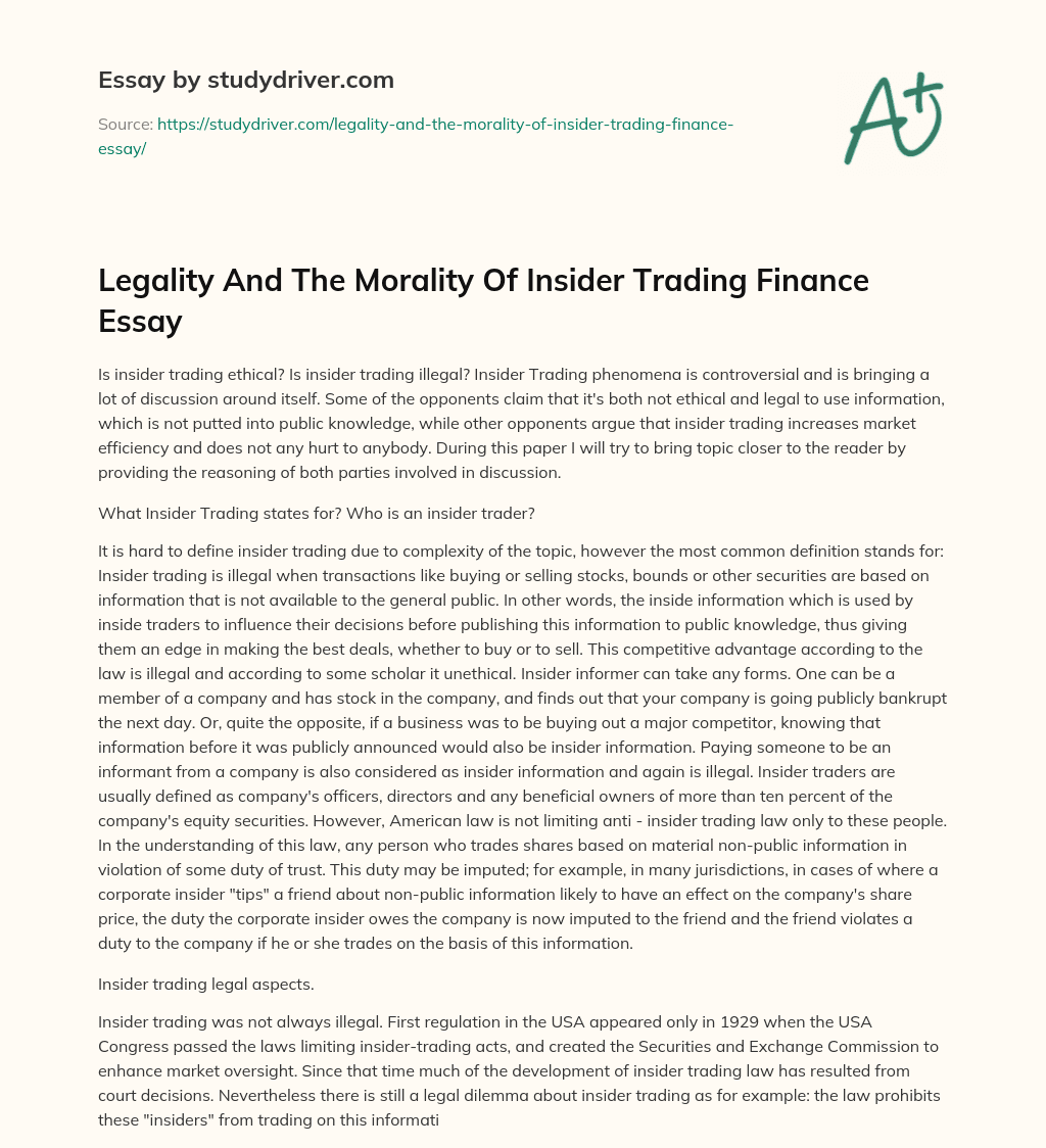 Legality and the Morality of Insider Trading Finance Essay essay