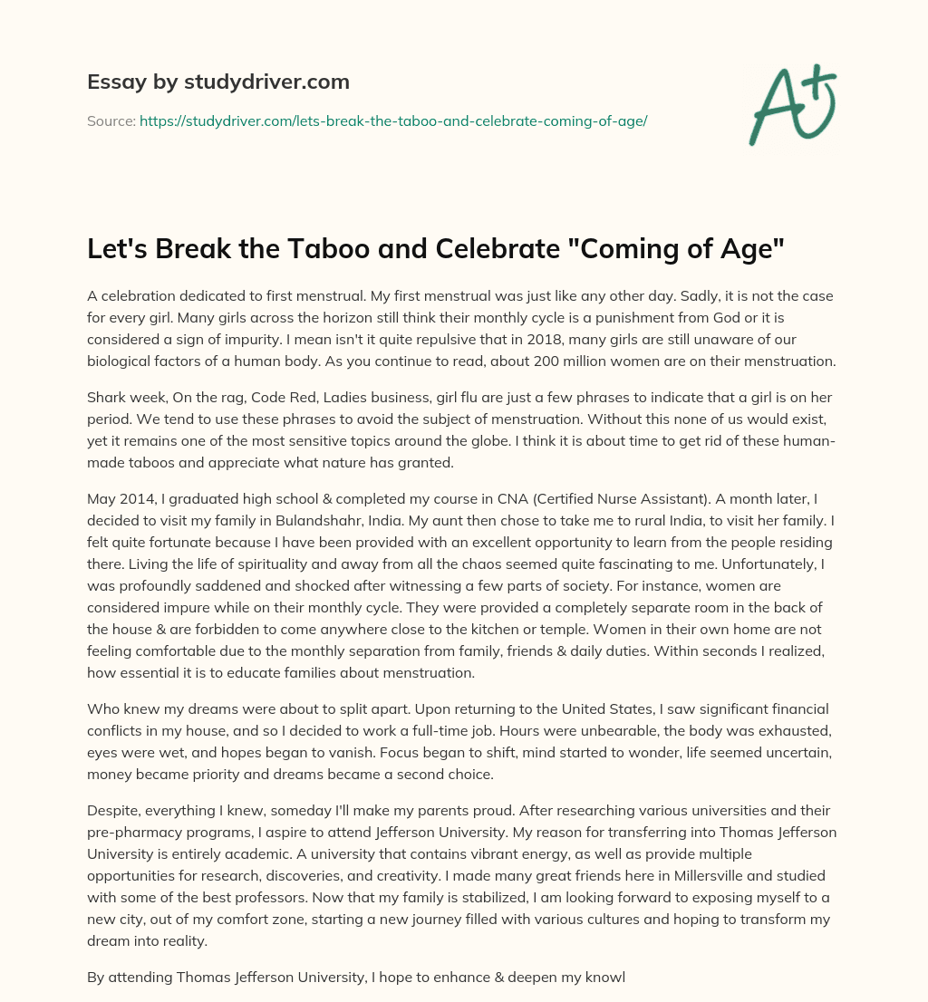 Let’s Break the Taboo and Celebrate “Coming of Age” essay