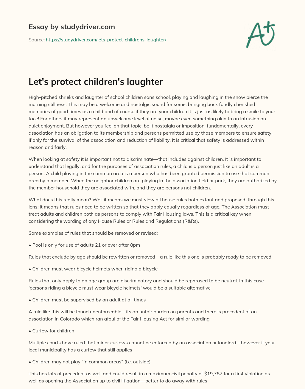 Let’s Protect Children’s Laughter essay