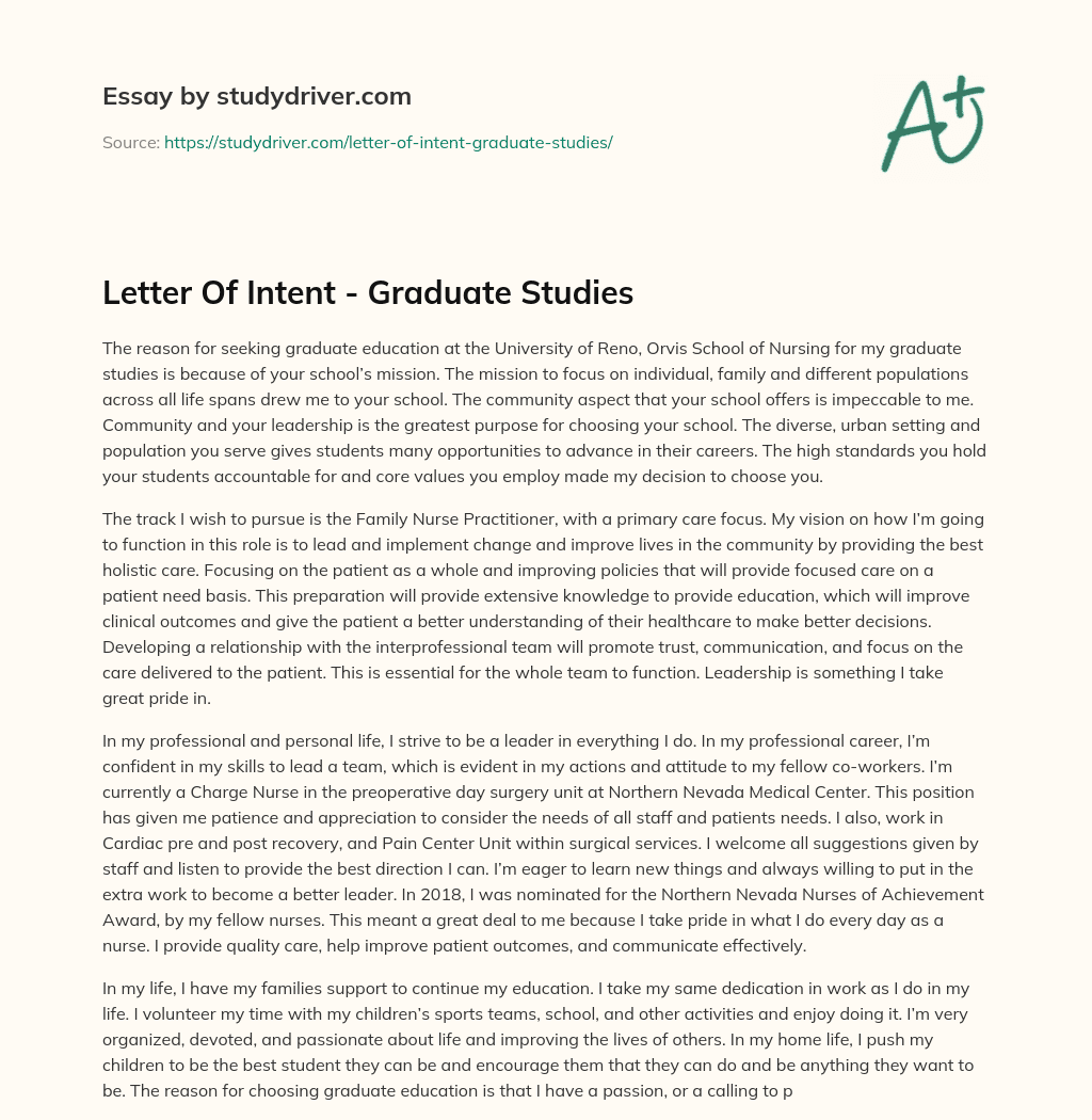 Letter of Intent – Graduate Studies essay