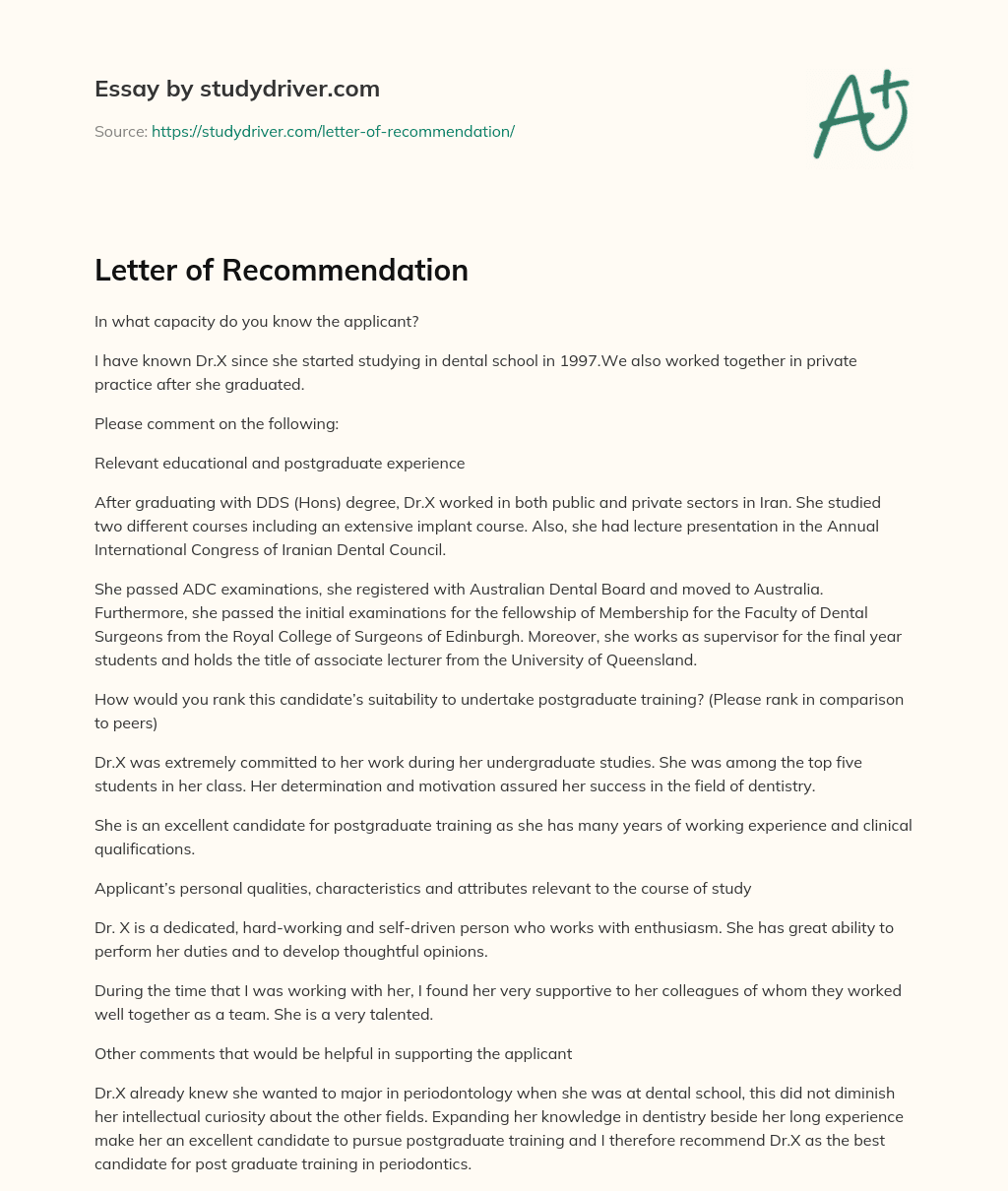 Letter of Recommendation essay