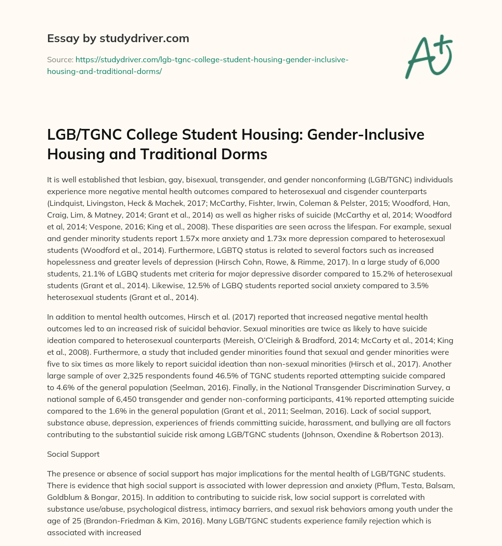 LGB/TGNC College Student Housing: Gender-Inclusive Housing and Traditional Dorms  essay