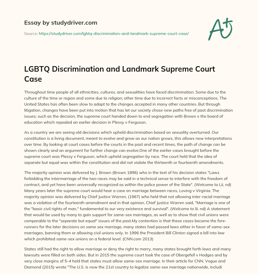 LGBTQ Discrimination and Landmark Supreme Court Case essay