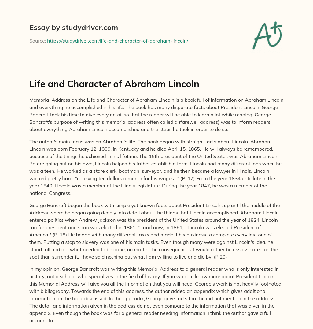 Life and Character of Abraham Lincoln essay