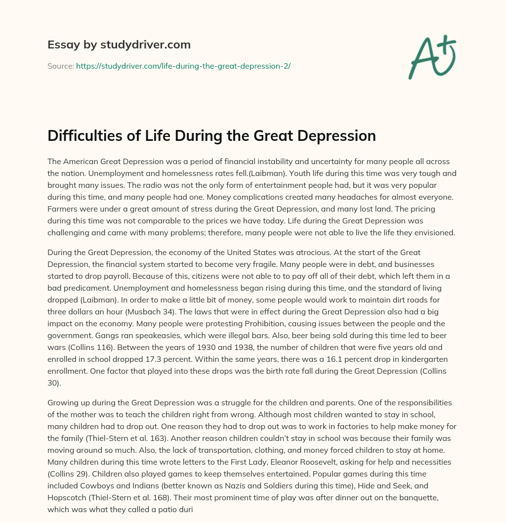 Difficulties of Life during the Great Depression essay
