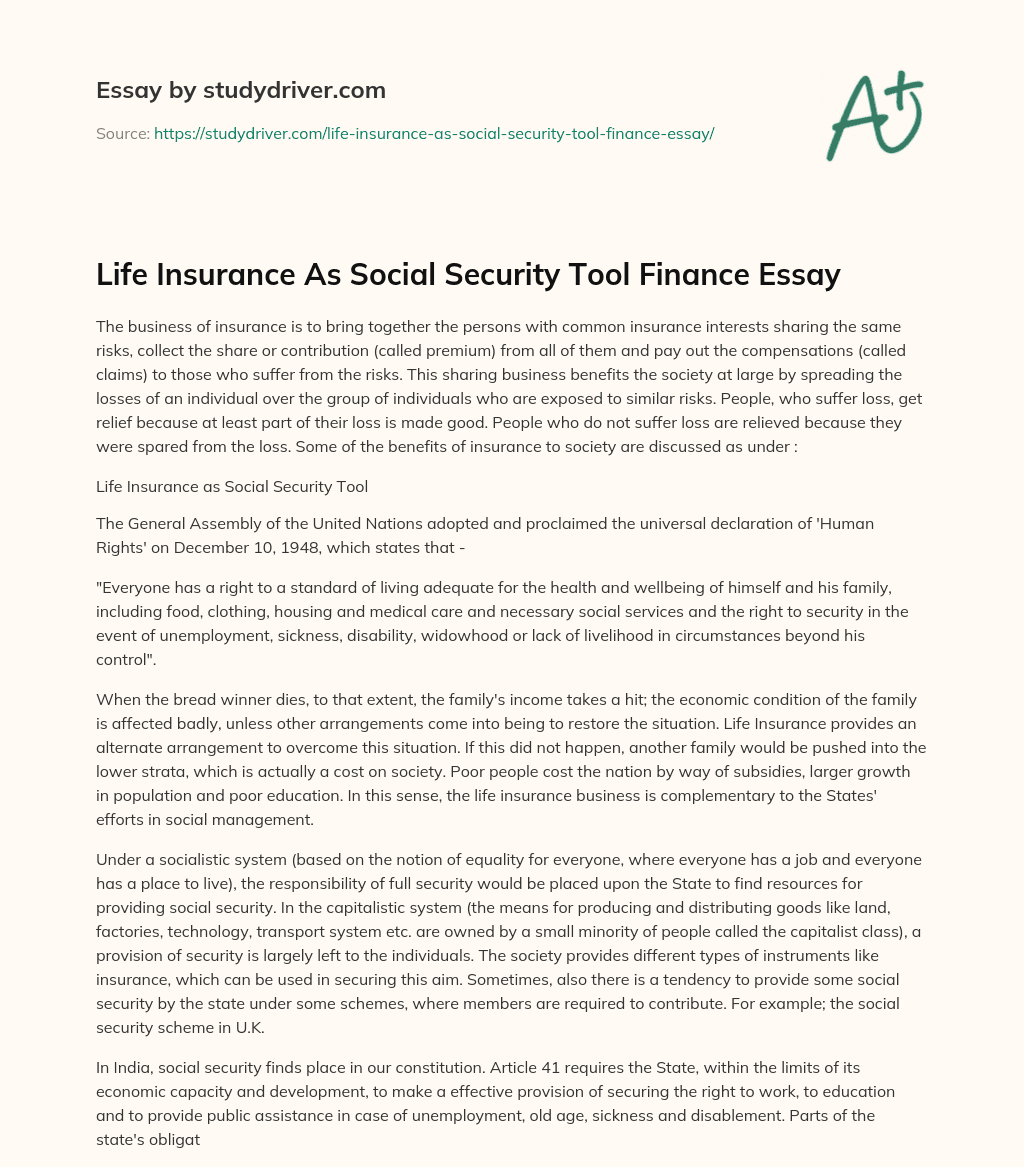 Life Insurance as Social Security Tool Finance Essay essay
