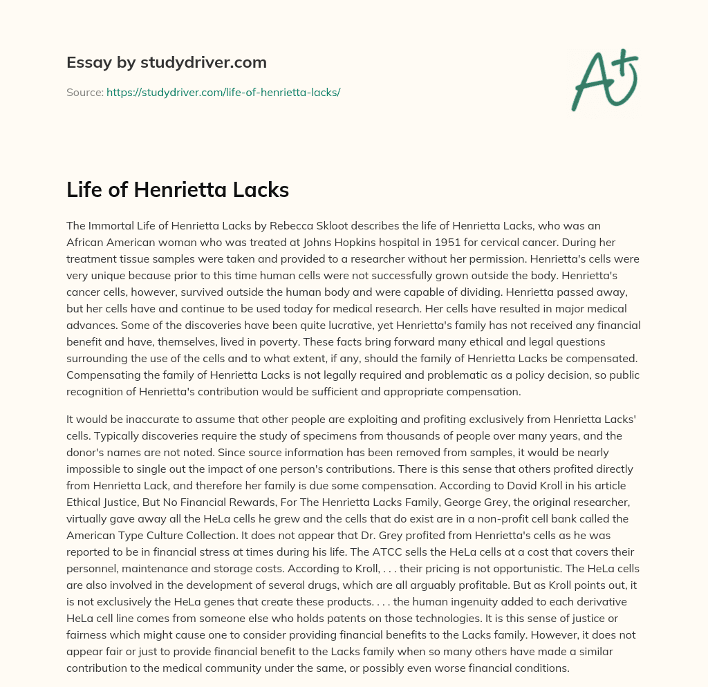 Life of Henrietta Lacks essay