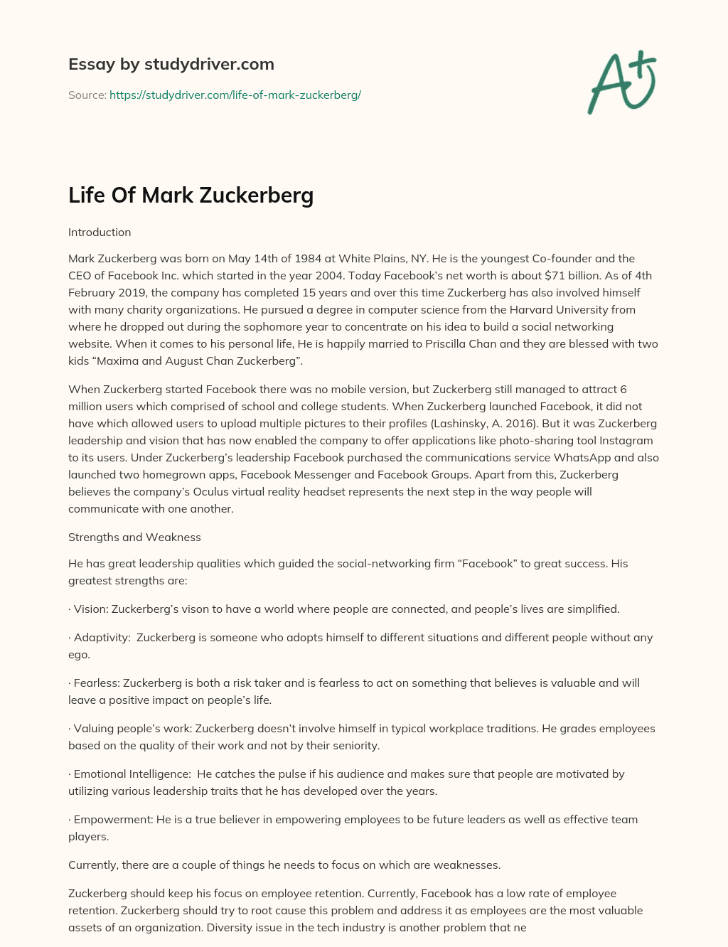 Life of Mark Zuckerberg essay