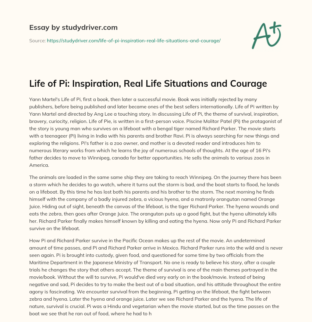Life of Pi: Inspiration, Real Life Situations and Courage essay