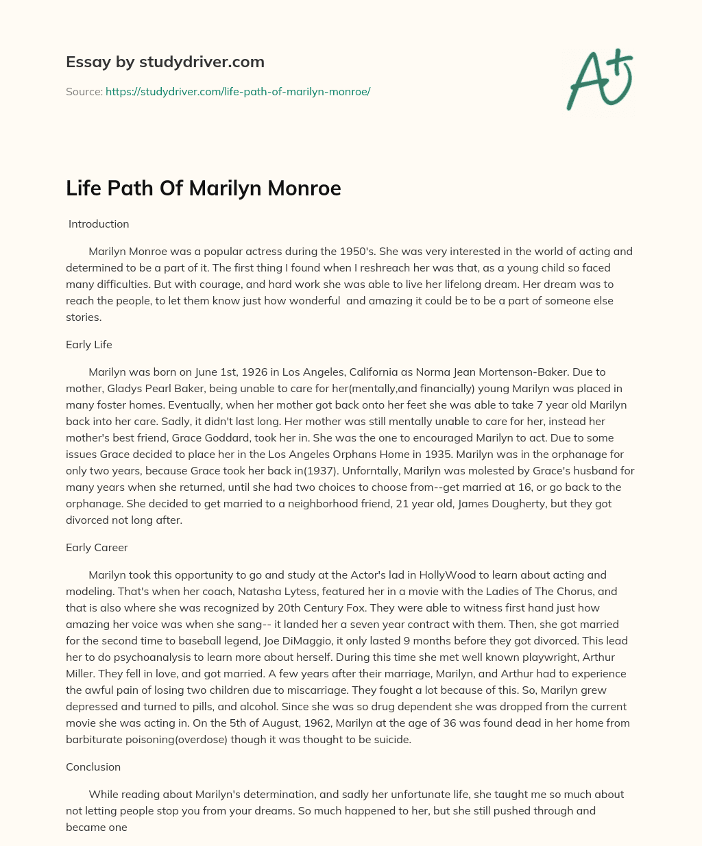 Life Path of Marilyn Monroe essay