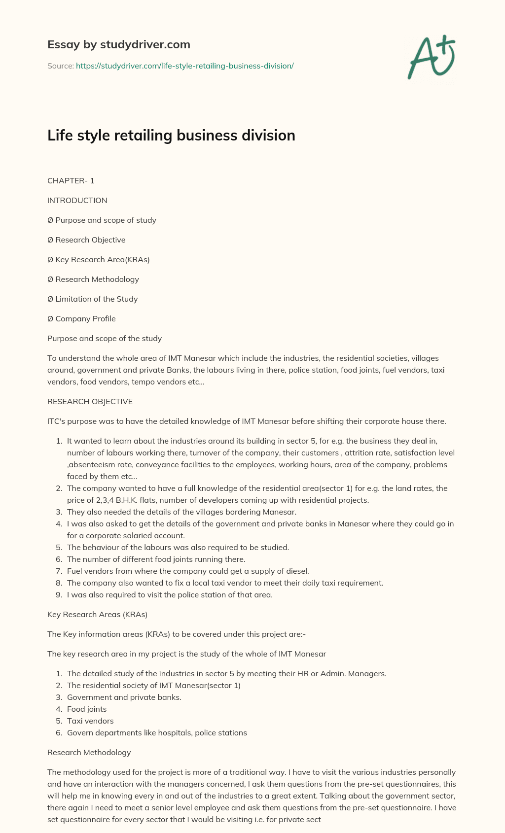 Life Style Retailing Business Division essay