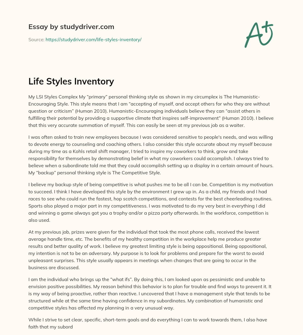Life Styles Inventory essay