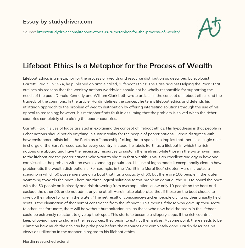 Lifeboat Ethics is a Metaphor for the Process of Wealth essay