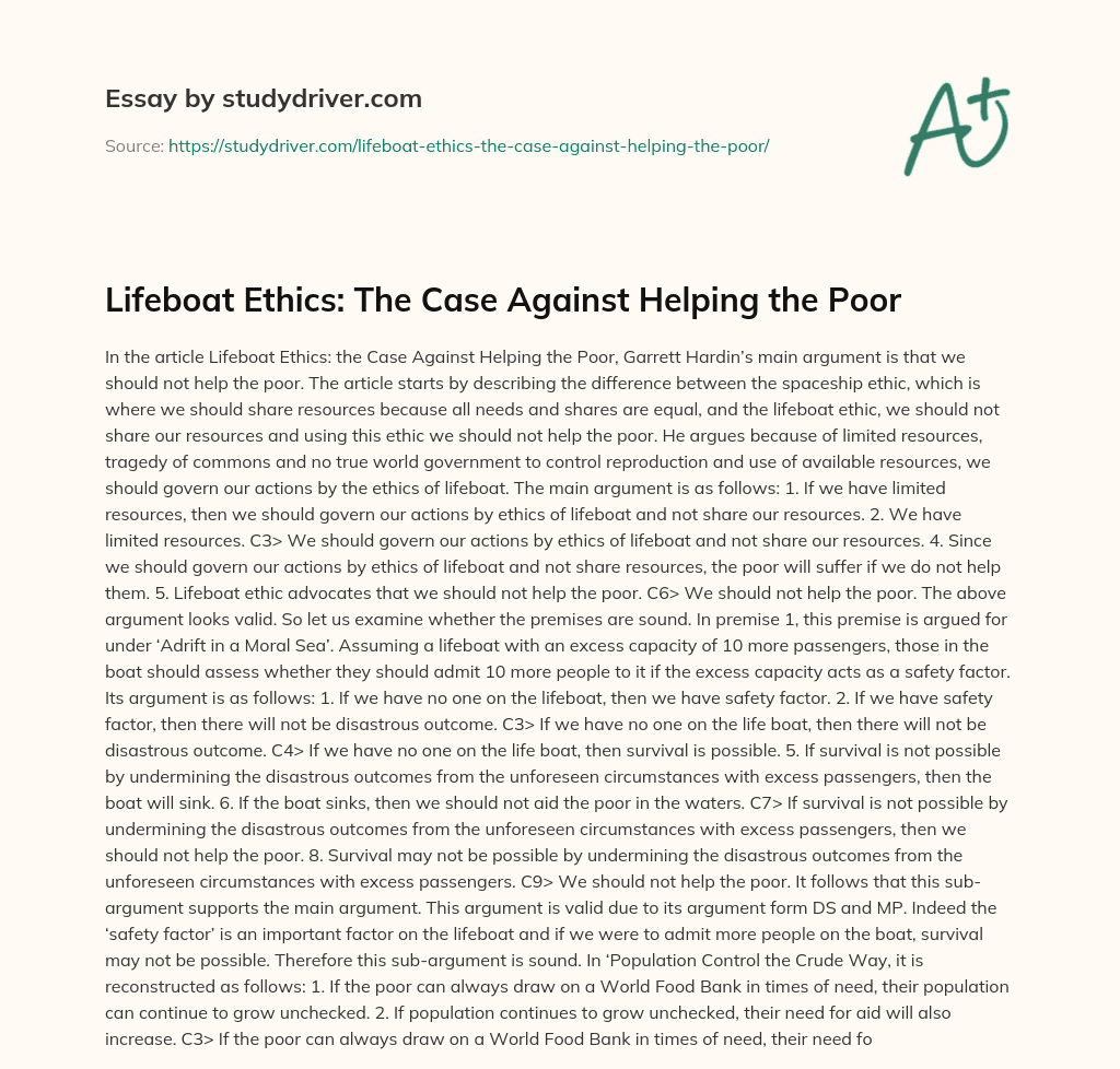 Lifeboat Ethics: the Case against Helping the Poor essay